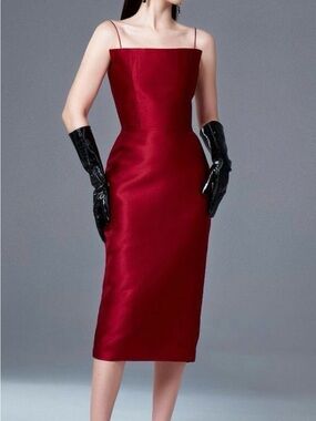 Minimalist Wine-Red Satin Spaghetti Strap Taffeta Midi Dress  21Six Brand